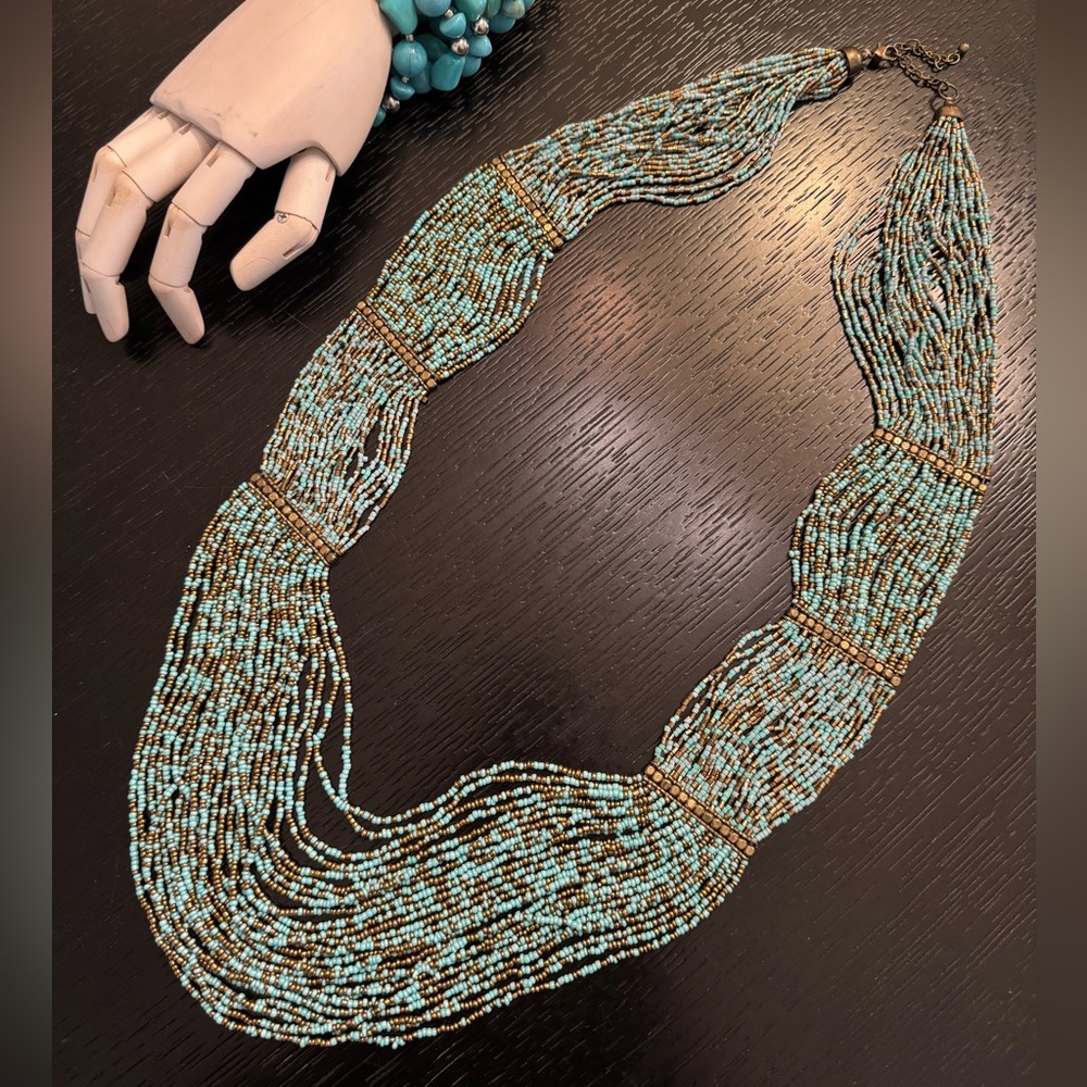 Faux Turquoise and Gold Beaded Multi-Strand Necklace